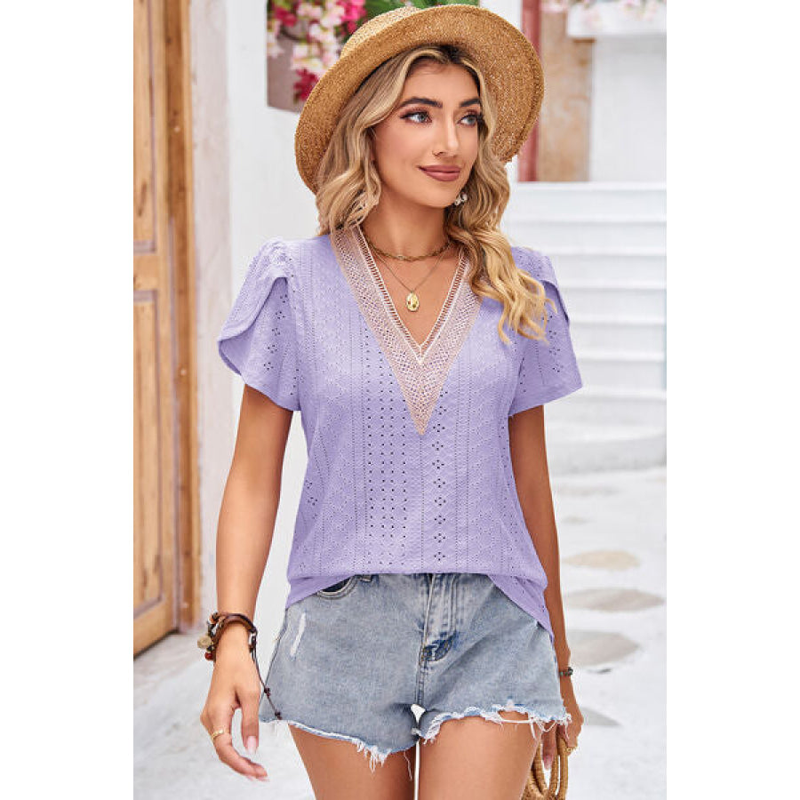 Eyelet V - Neck Petal Sleeve T - Shirt Lavender / S Apparel and Accessories