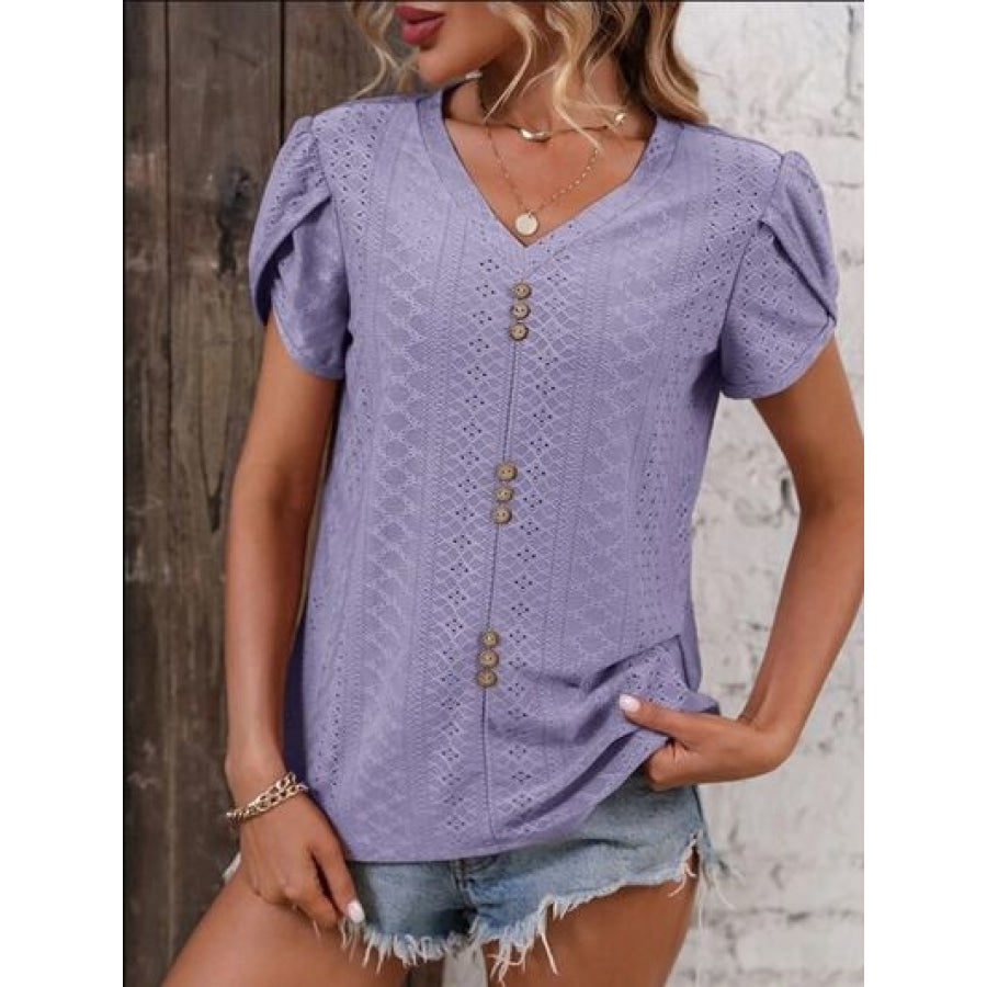 Eyelet V-Neck Petal Sleeve T-Shirt Lavender / S Clothing