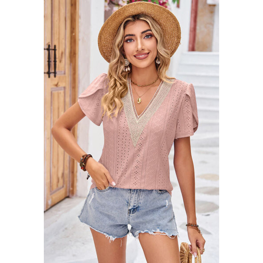 Eyelet V - Neck Petal Sleeve T - Shirt Light Mauve / S Apparel and Accessories