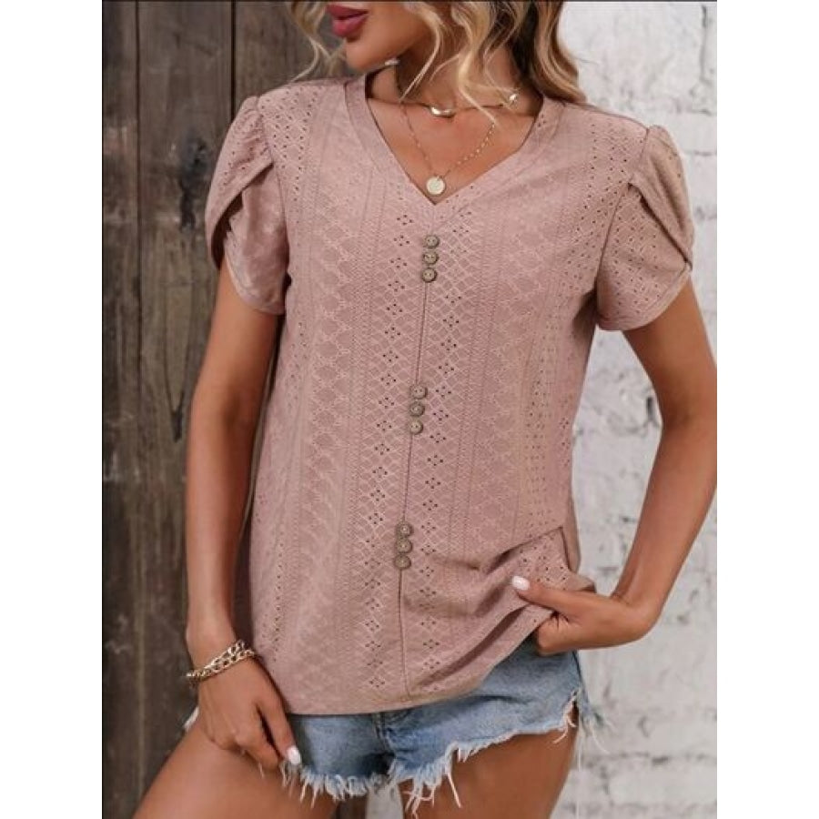 Eyelet V-Neck Petal Sleeve T-Shirt Light Mauve / S Clothing