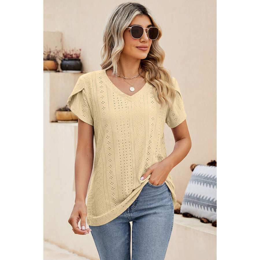 Eyelet V - Neck Petal Sleeve T - Shirt Pastel Yellow / S Apparel and Accessories