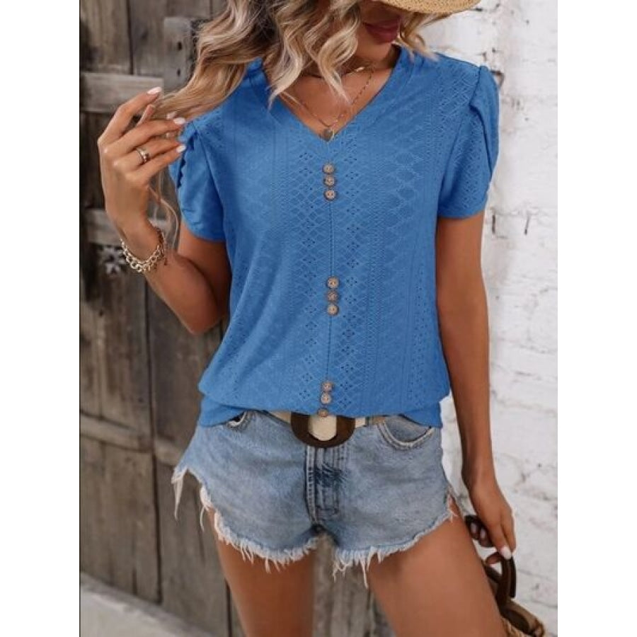 Eyelet V-Neck Petal Sleeve T-Shirt Royal Blue / S Clothing