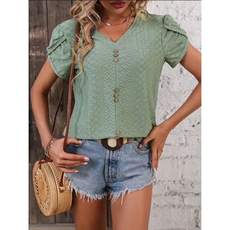 Eyelet V-Neck Petal Sleeve T-Shirt Sage / S Clothing