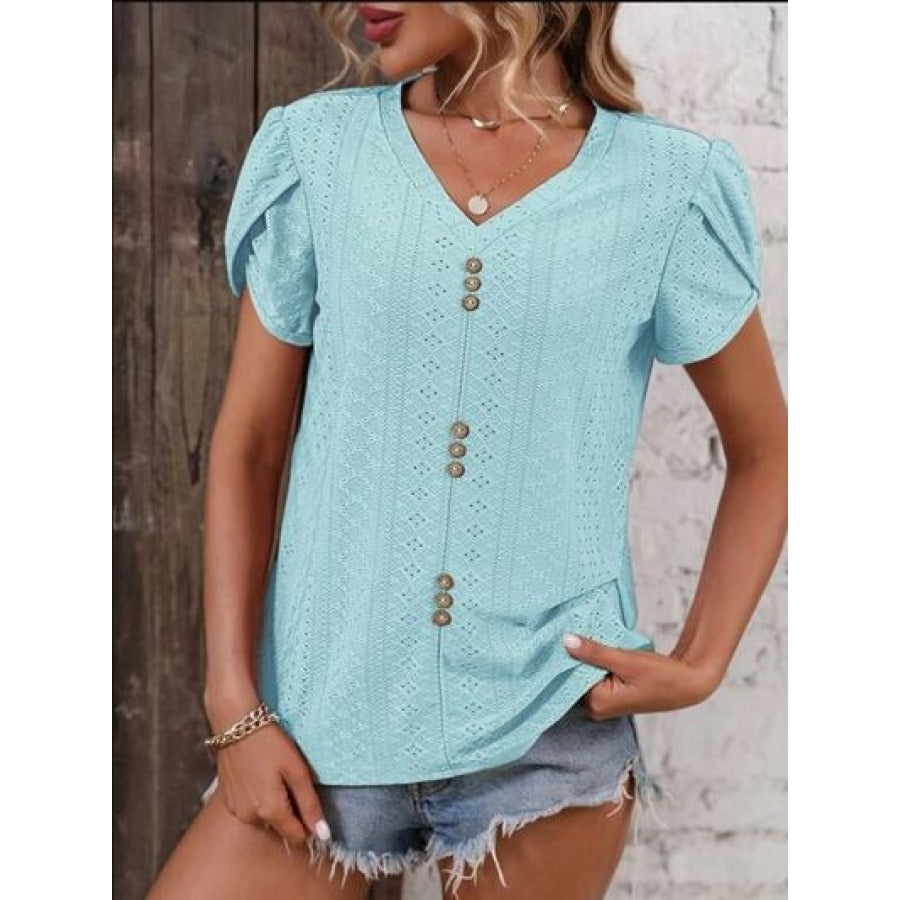 Eyelet V-Neck Petal Sleeve T-Shirt Tiffany Blue / S Clothing