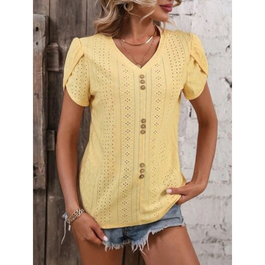 Eyelet V-Neck Petal Sleeve T-Shirt True Yellow / S Clothing