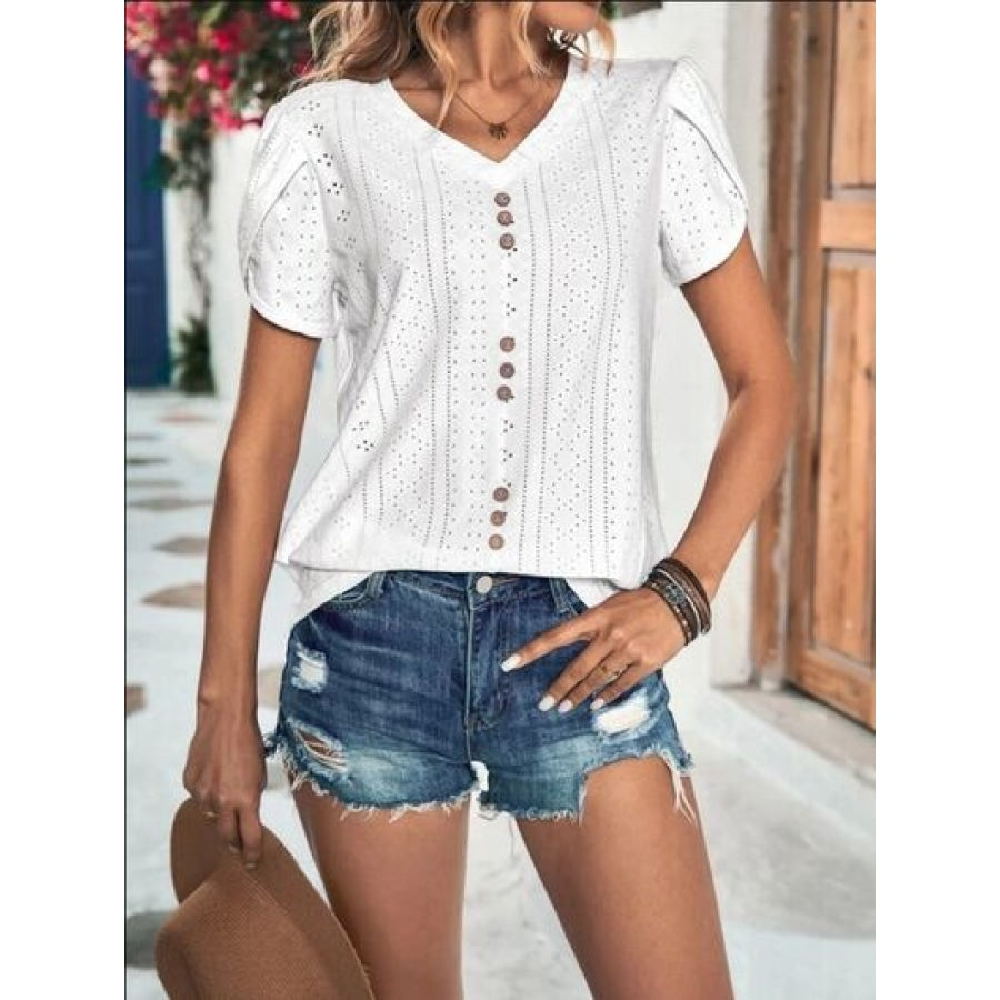 Eyelet V-Neck Petal Sleeve T-Shirt White / S Clothing