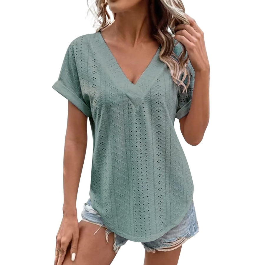 Eyelet V - Neck Short Sleeve Blouse Apparel and Accessories