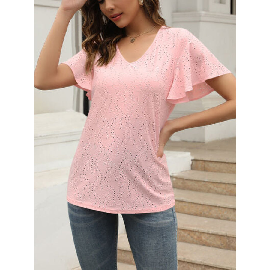 Eyelet V - Neck Short Sleeve Blouse Apparel and Accessories