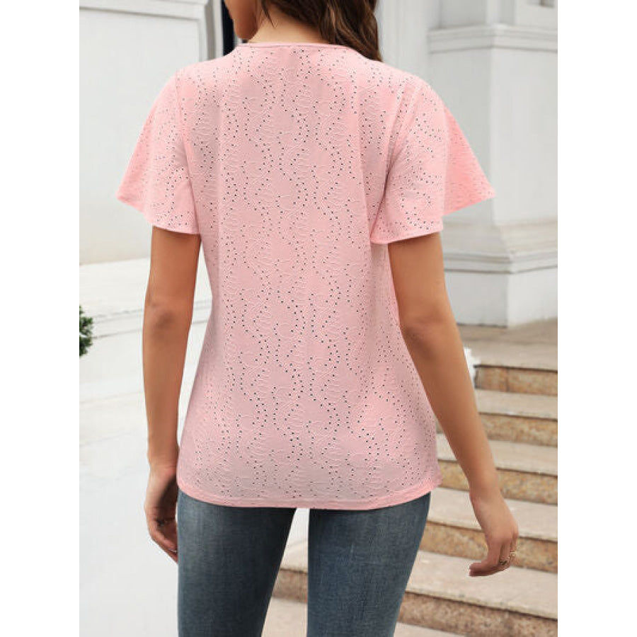 Eyelet V - Neck Short Sleeve Blouse Blush Pink / S Apparel and Accessories