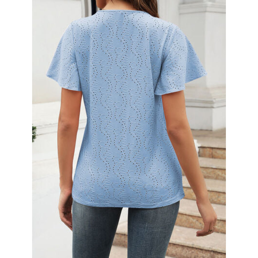 Eyelet V - Neck Short Sleeve Blouse Apparel and Accessories