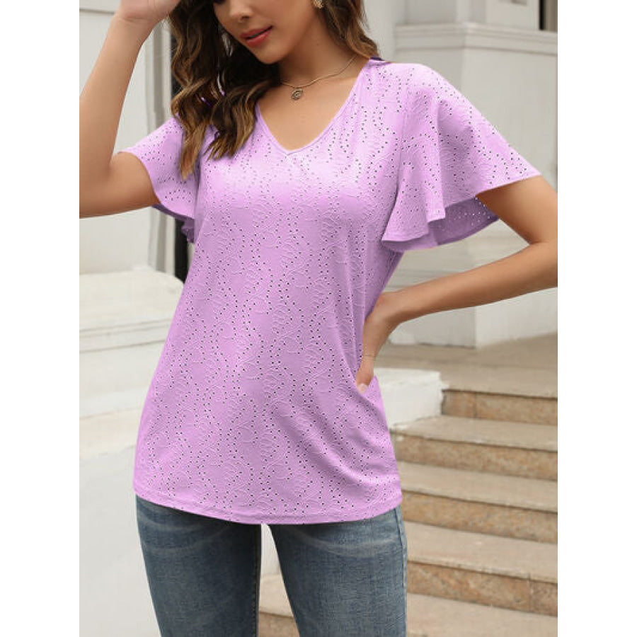 Eyelet V - Neck Short Sleeve Blouse Apparel and Accessories