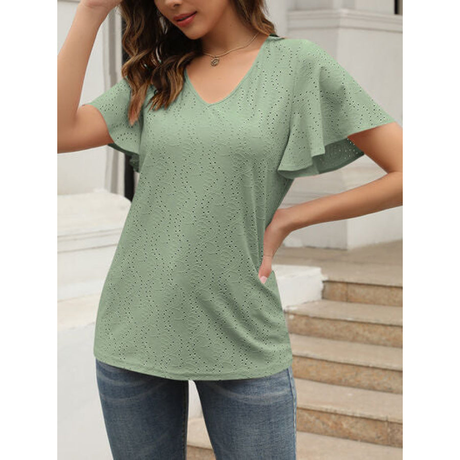 Eyelet V - Neck Short Sleeve Blouse Apparel and Accessories