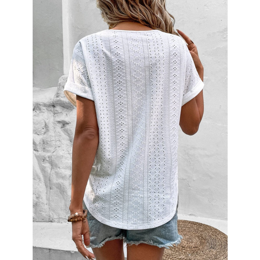 Eyelet V - Neck Short Sleeve Blouse Apparel and Accessories