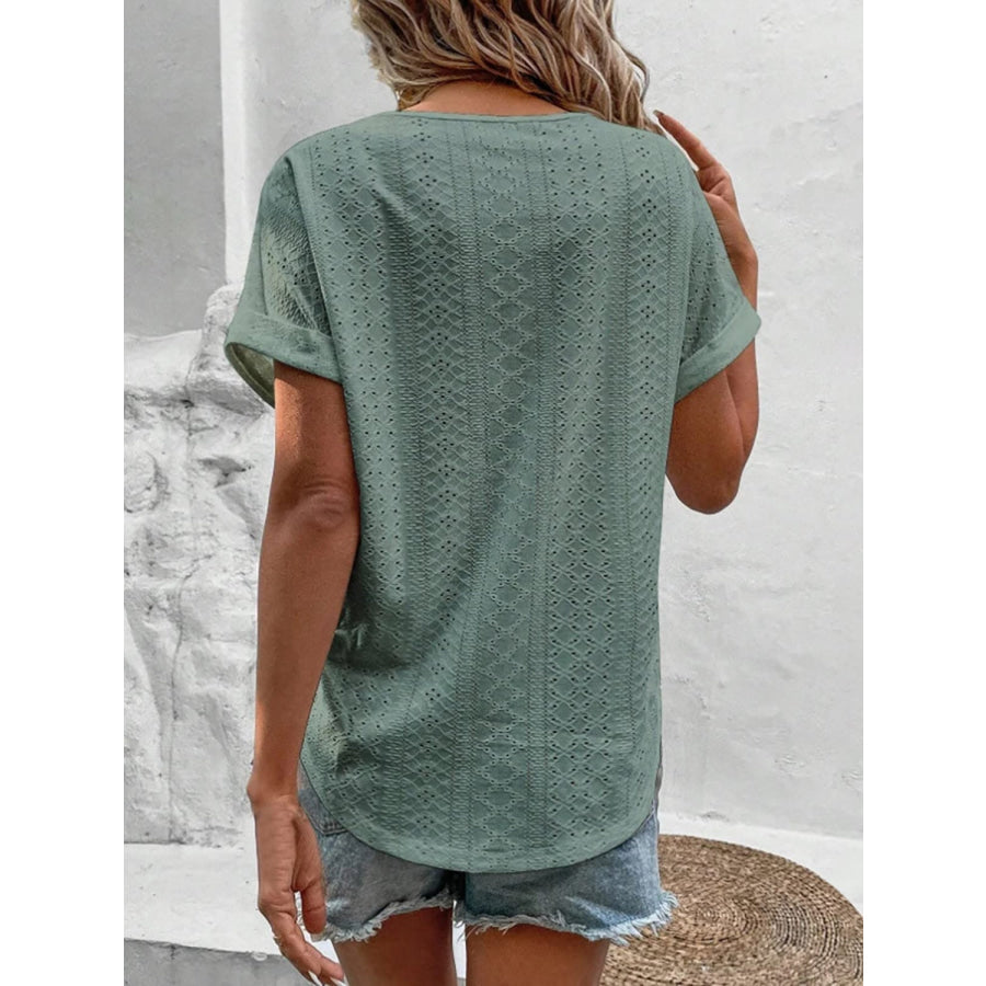 Eyelet V - Neck Short Sleeve Blouse Apparel and Accessories