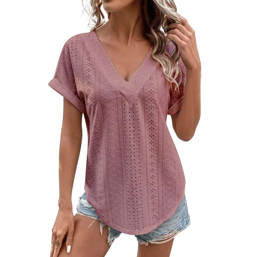 Eyelet V - Neck Short Sleeve Blouse Apparel and Accessories