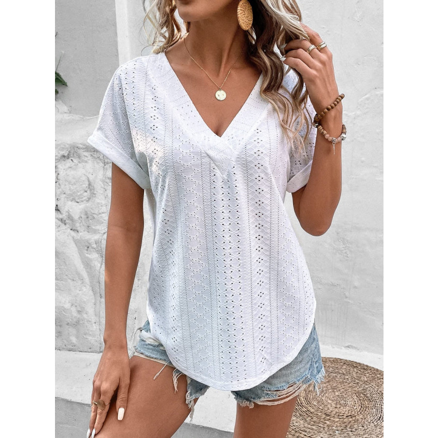 Eyelet V - Neck Short Sleeve Blouse Apparel and Accessories