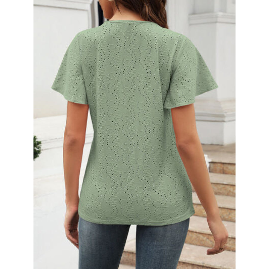 Eyelet V - Neck Short Sleeve Blouse Apparel and Accessories