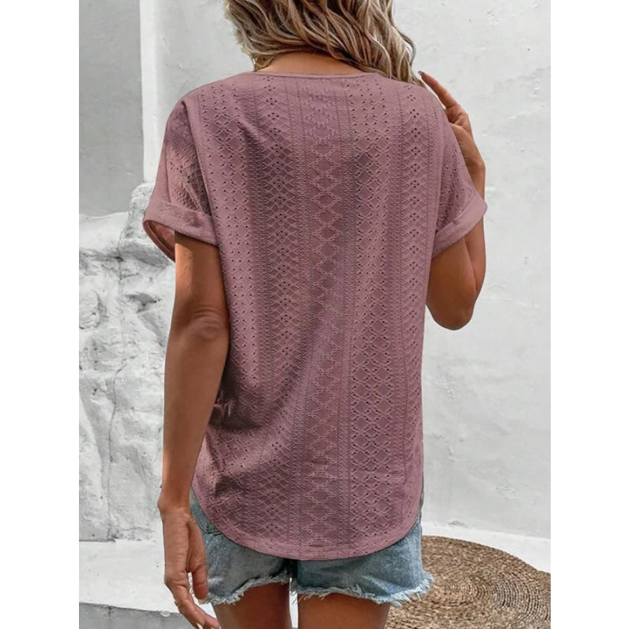 Eyelet V - Neck Short Sleeve Blouse Moonlit Mauve / S Apparel and Accessories