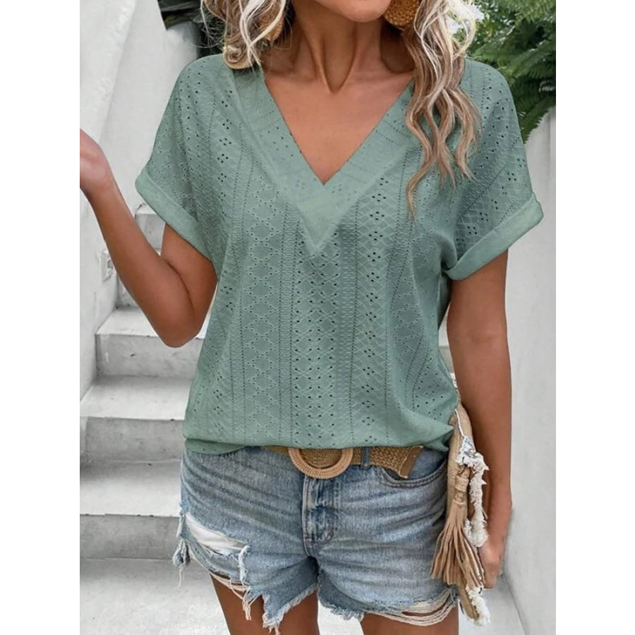 Eyelet V - Neck Short Sleeve Blouse Sage / S Apparel and Accessories