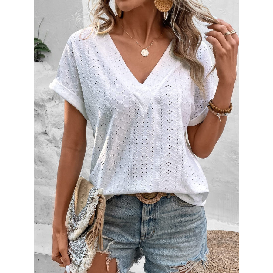 Eyelet V - Neck Short Sleeve Blouse White / S Apparel and Accessories