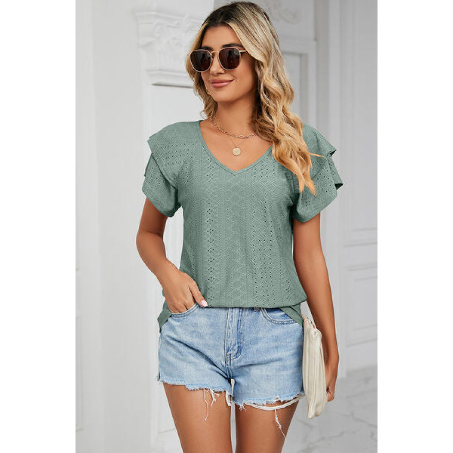 Eyelet V - Neck Short Sleeve T - Shirt Apparel and Accessories