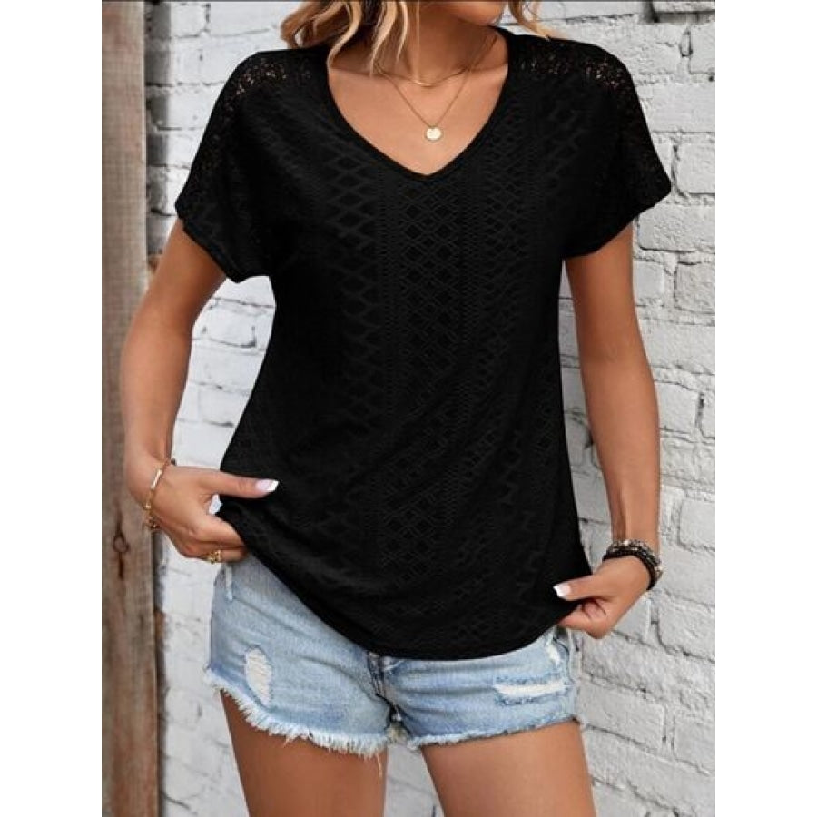 Eyelet V-Neck Short Sleeve T-Shirt Black / S Clothing