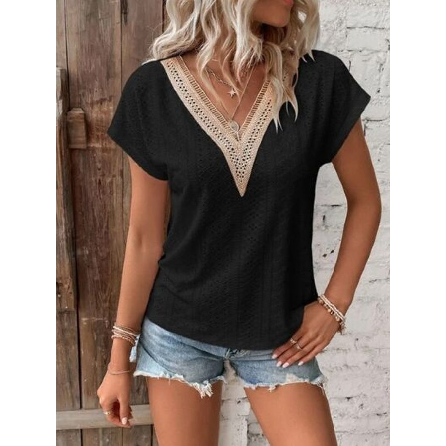 Eyelet V - Neck Short Sleeve T - Shirt Black / S Clothing