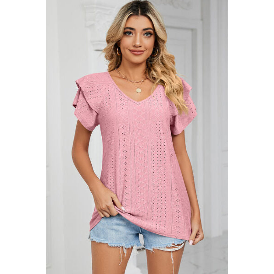 Eyelet V - Neck Short Sleeve T - Shirt Blush Pink / S Apparel and Accessories