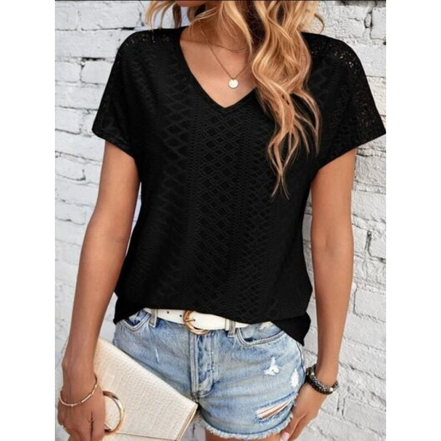 Eyelet V-Neck Short Sleeve T-Shirt Clothing