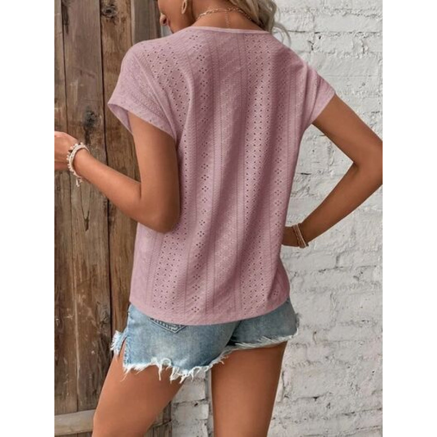 Eyelet V - Neck Short Sleeve T - Shirt Clothing