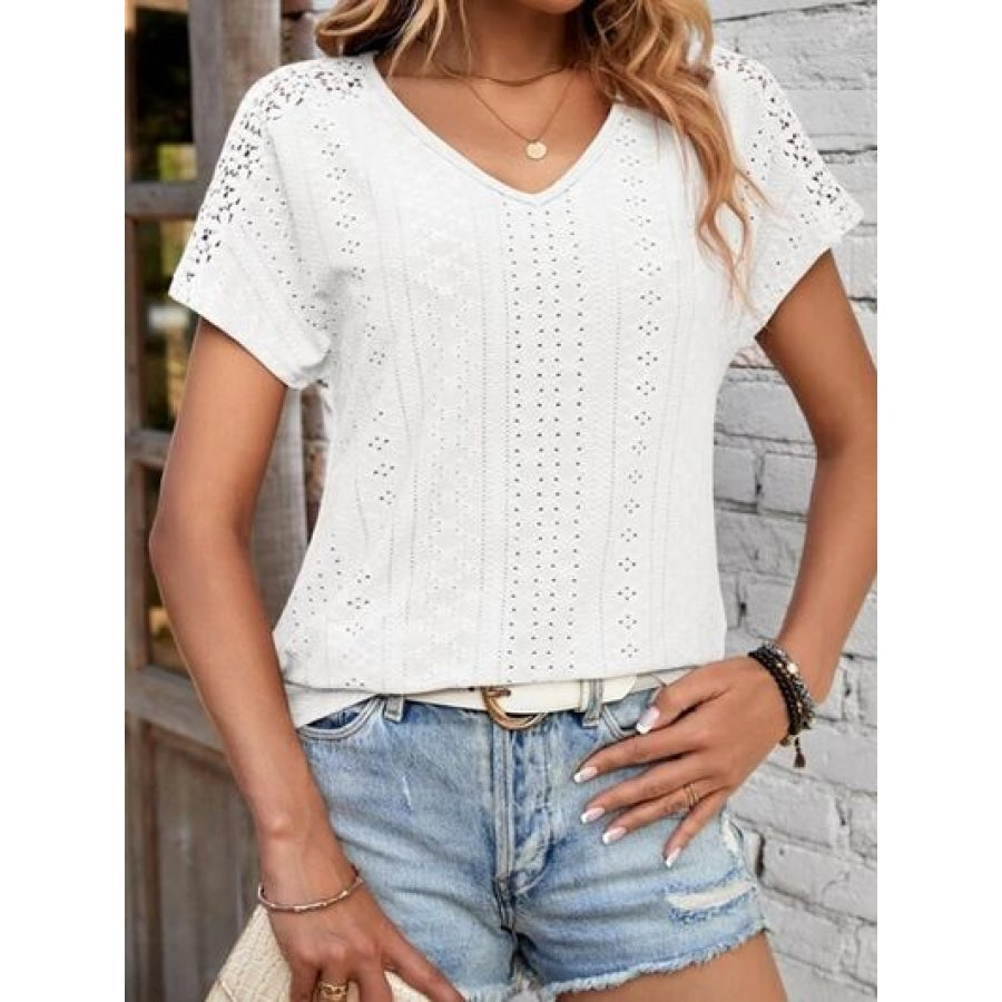 Eyelet V-Neck Short Sleeve T-Shirt Clothing