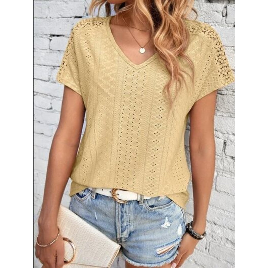 Eyelet V-Neck Short Sleeve T-Shirt Clothing