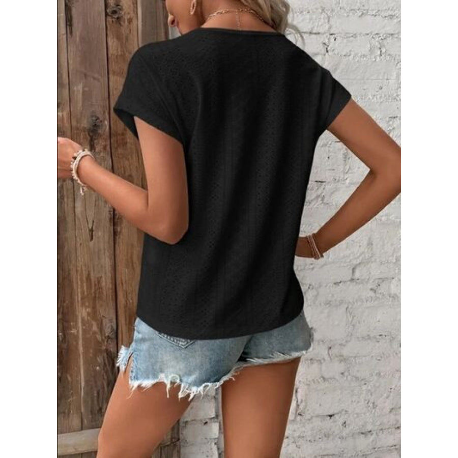 Eyelet V - Neck Short Sleeve T - Shirt Clothing