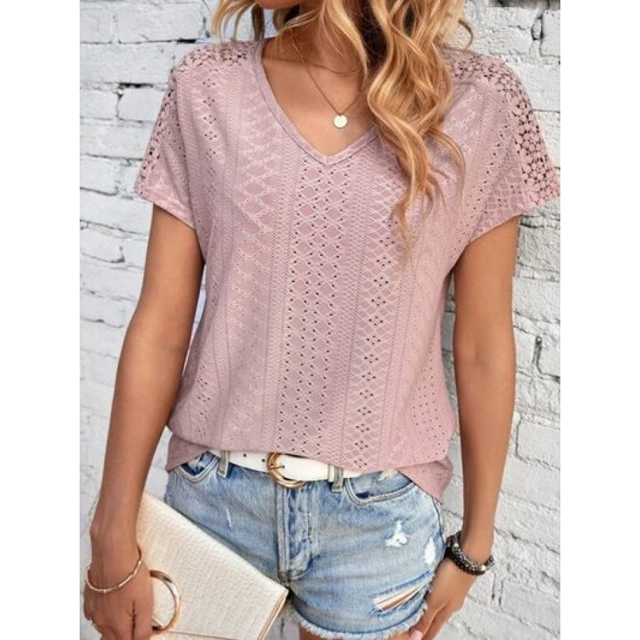 Eyelet V-Neck Short Sleeve T-Shirt Clothing