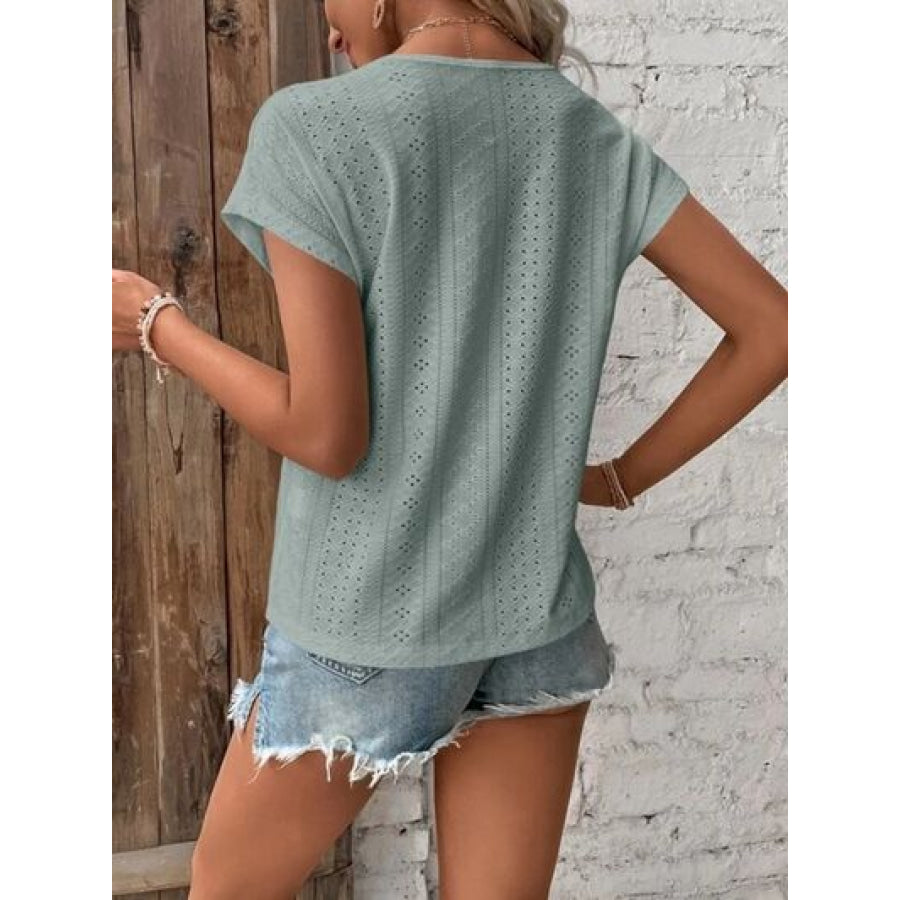 Eyelet V - Neck Short Sleeve T - Shirt Clothing