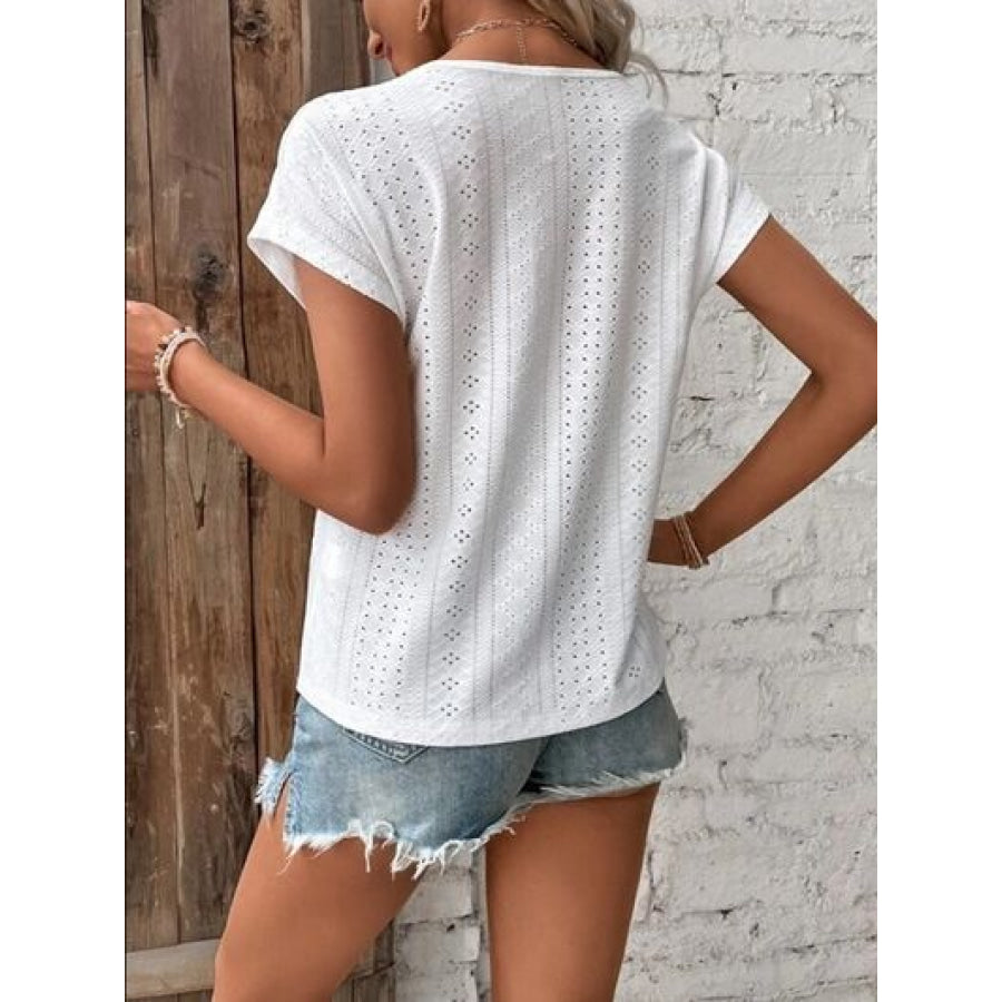 Eyelet V - Neck Short Sleeve T - Shirt Clothing