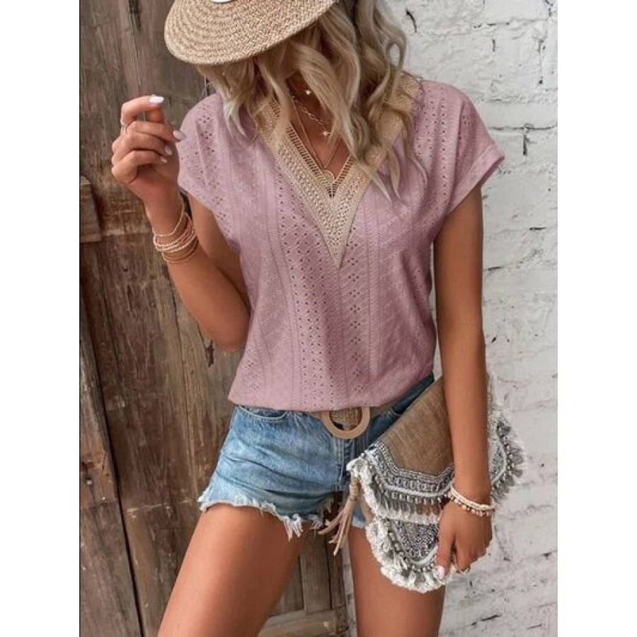 Eyelet V - Neck Short Sleeve T - Shirt Clothing