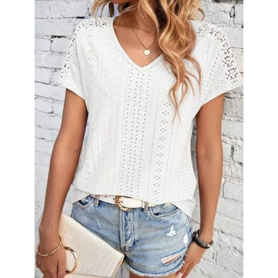 Eyelet V-Neck Short Sleeve T-Shirt Clothing