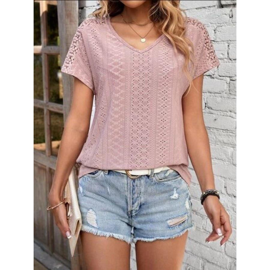 Eyelet V-Neck Short Sleeve T-Shirt Clothing