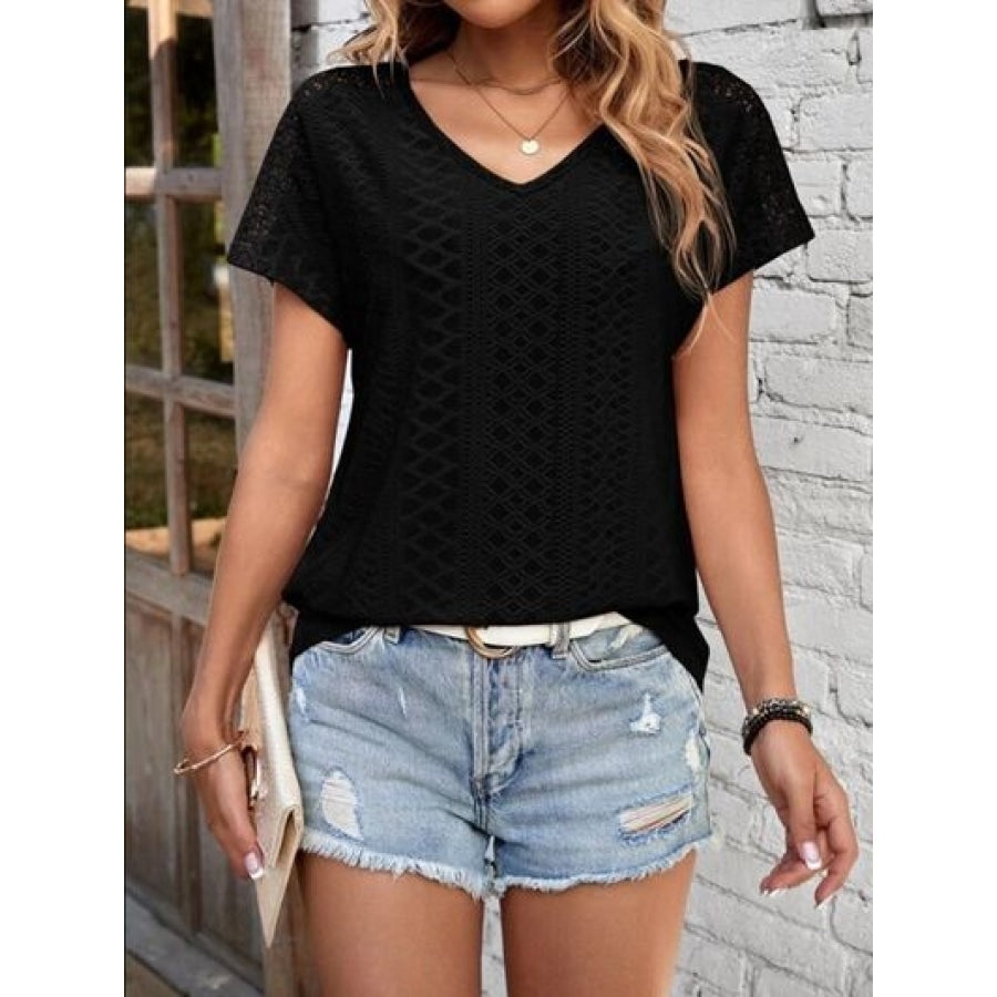 Eyelet V-Neck Short Sleeve T-Shirt Clothing