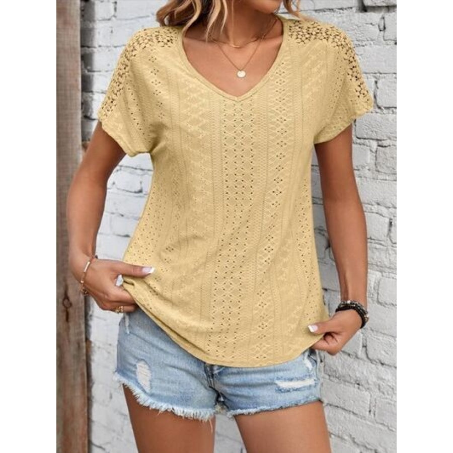 Eyelet V-Neck Short Sleeve T-Shirt Clothing