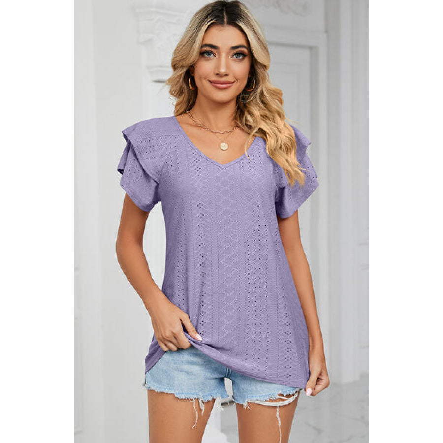 Eyelet V - Neck Short Sleeve T - Shirt Lavender / S Apparel and Accessories