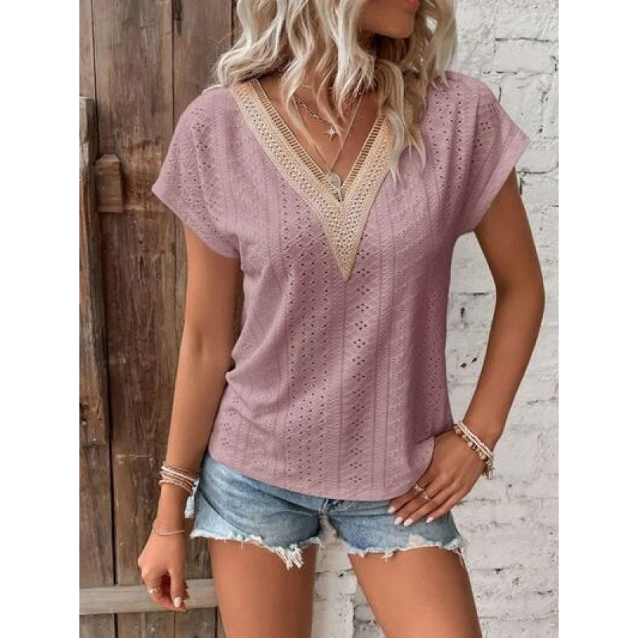 Eyelet V - Neck Short Sleeve T - Shirt Light Mauve / S Clothing