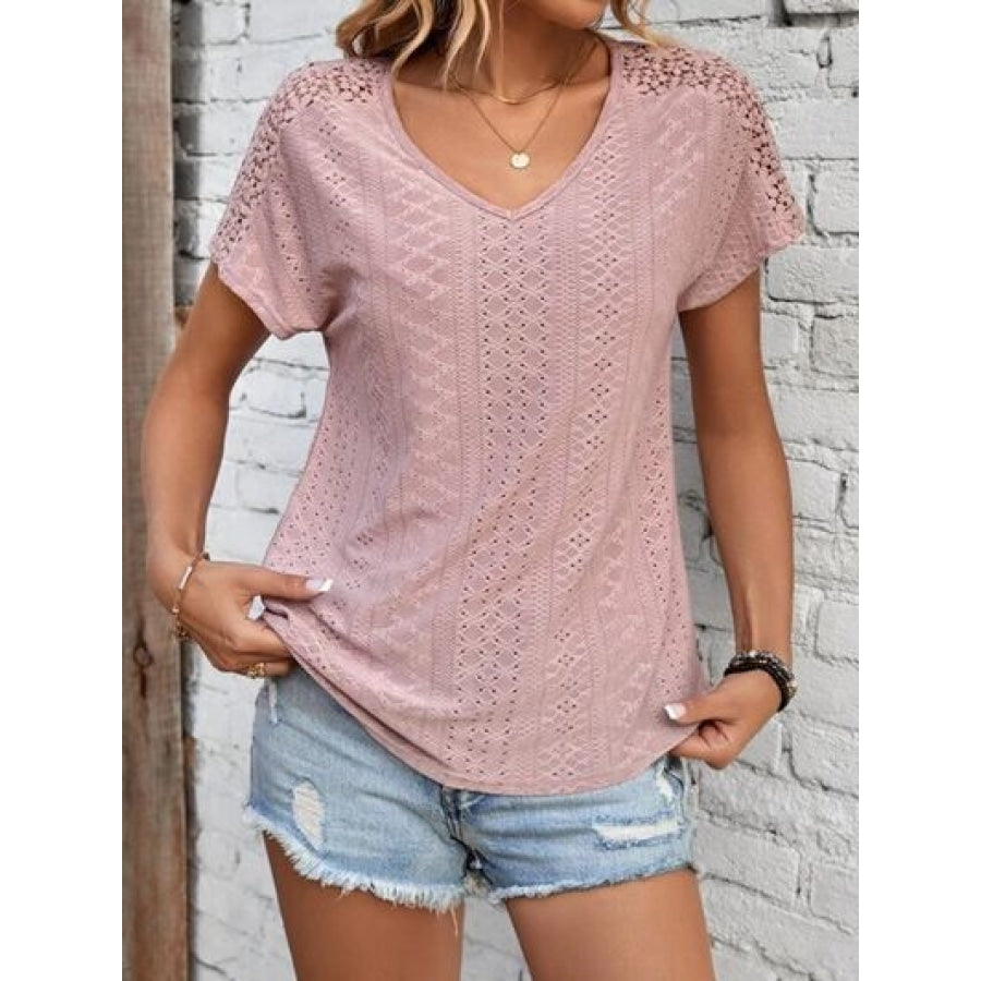 Eyelet V-Neck Short Sleeve T-Shirt Light Mauve / S Clothing