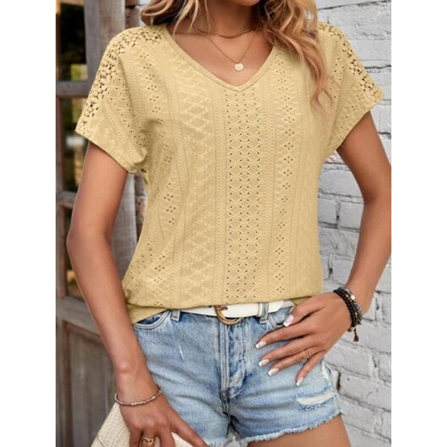 Eyelet V-Neck Short Sleeve T-Shirt Mustard / S Clothing