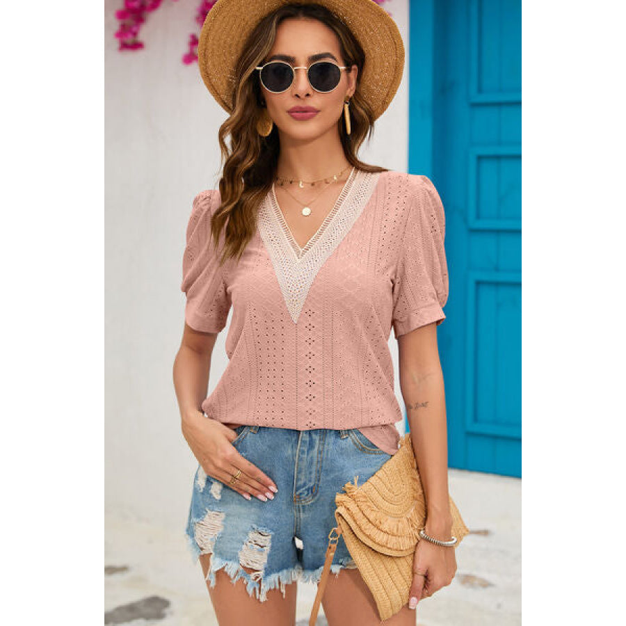 Eyelet V - Neck Short Sleeve T - Shirt Pale Blush / S Apparel and Accessories