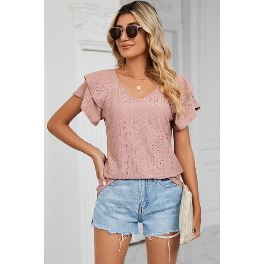 Eyelet V - Neck Short Sleeve T - Shirt Peach / S Apparel and Accessories