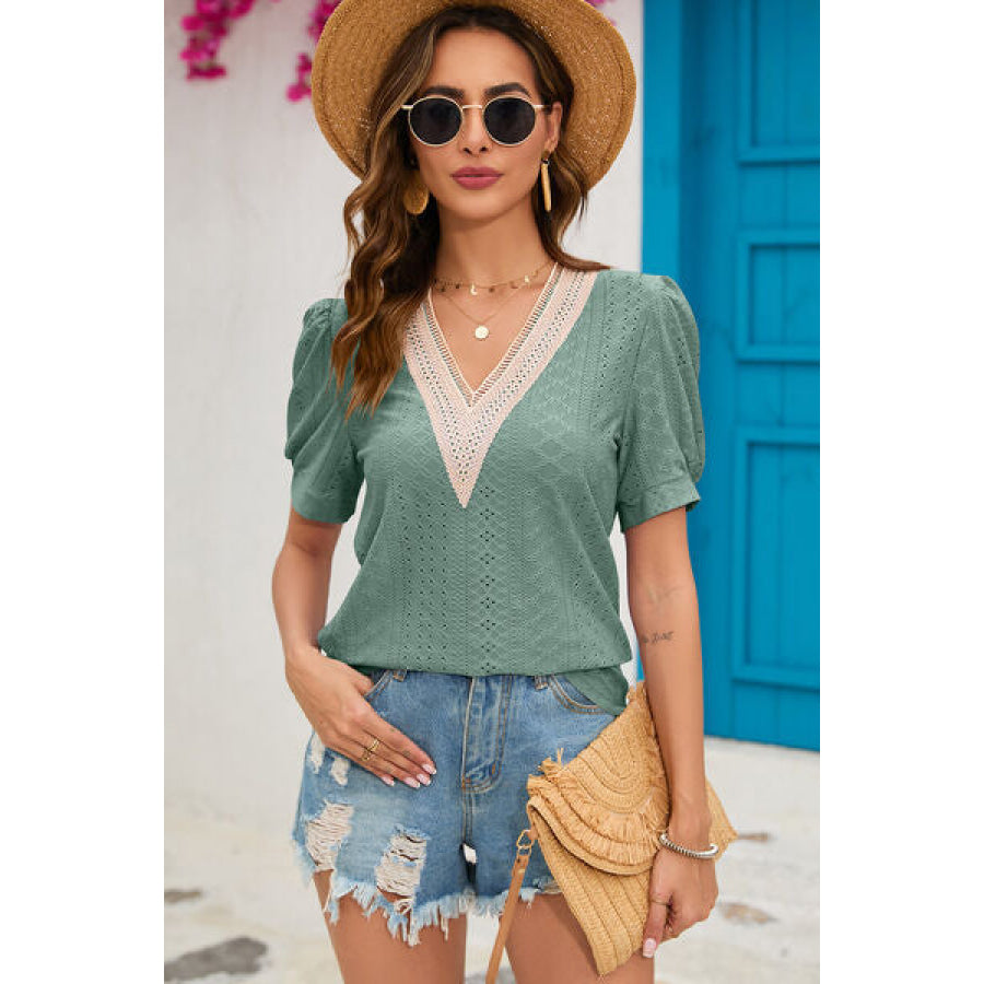 Eyelet V - Neck Short Sleeve T - Shirt Sage / S Apparel and Accessories