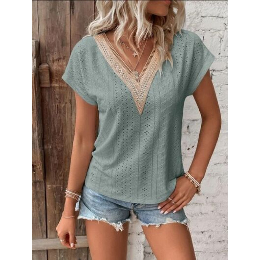 Eyelet V - Neck Short Sleeve T - Shirt Sage / S Clothing