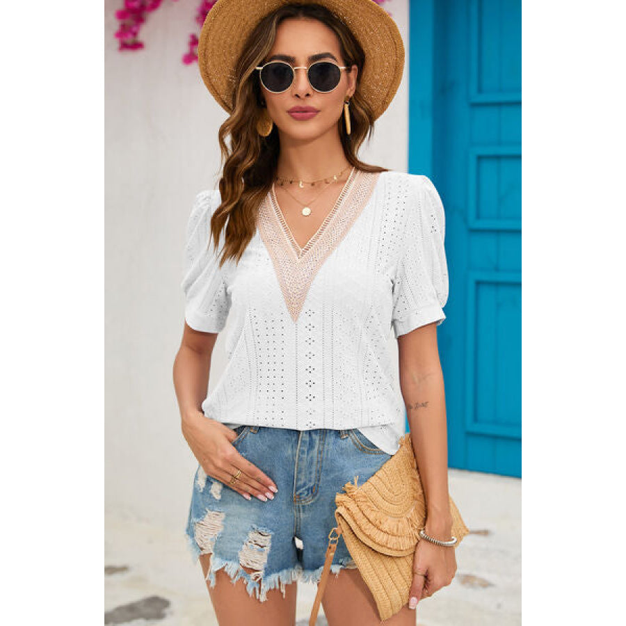 Eyelet V - Neck Short Sleeve T - Shirt White / S Apparel and Accessories